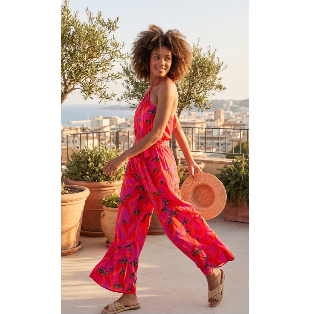 FARM Rio x Anthropologie Chili Pepper Halter Jumpsuit Size Small NWT in Pink Red - Picture 6 of 16